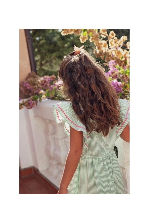 Vue de dos robe Giulia rayée verte Marlot Paris cheveux longs