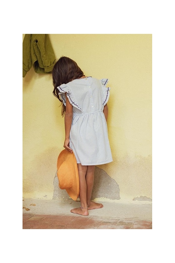 Vue de dos robe enfant rayée bleue Marlot Paris chapeau